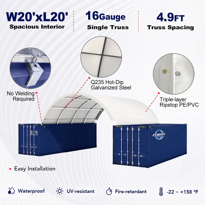 20' Container Canopy, Fabric Overhead Shelter | Welding Not Required